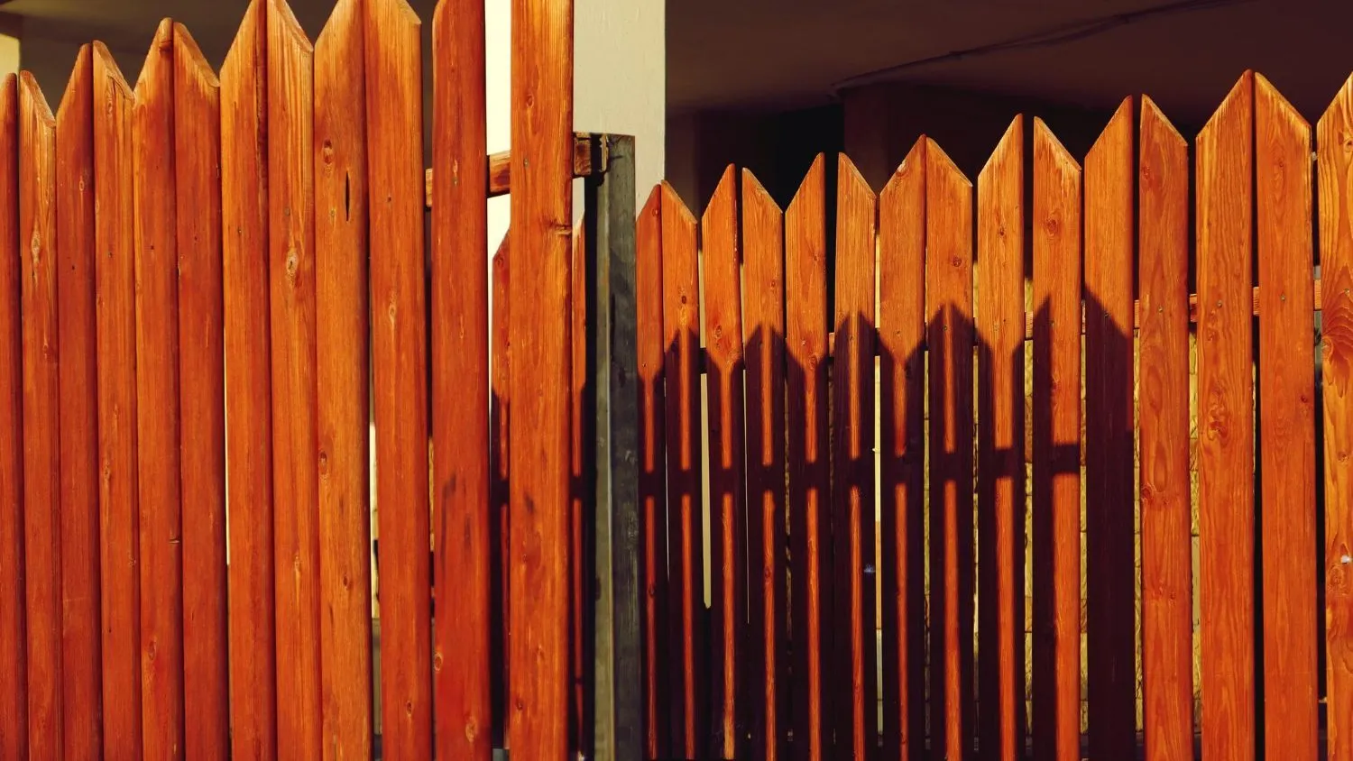 Stained wood picket fence panels in warm sunlight